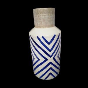 Pier One White Ceramic Vase with Blue Geometric Design